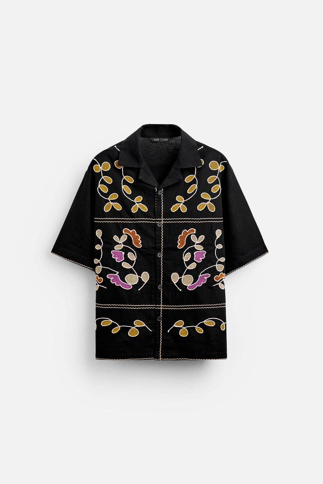 GARM ISLAND DOUBLE THREADED MULTI COLOUR FLORAL LINEN SHIRT BLACK