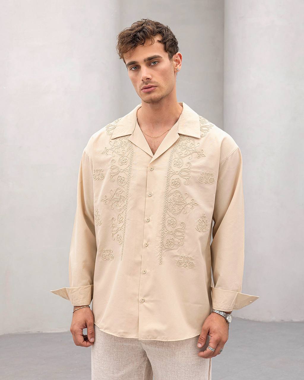 2morrow Floral Lace Panel Shirt in beige