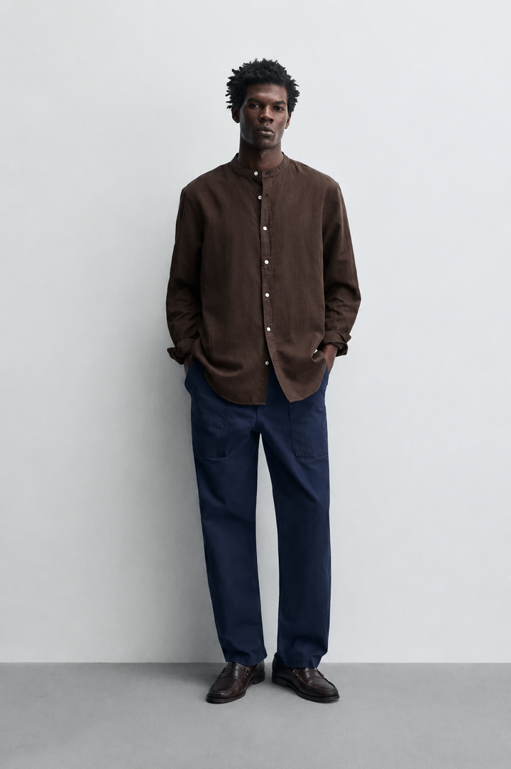 Garm Island Linen Tab Collar Button Down Shirt in Brown