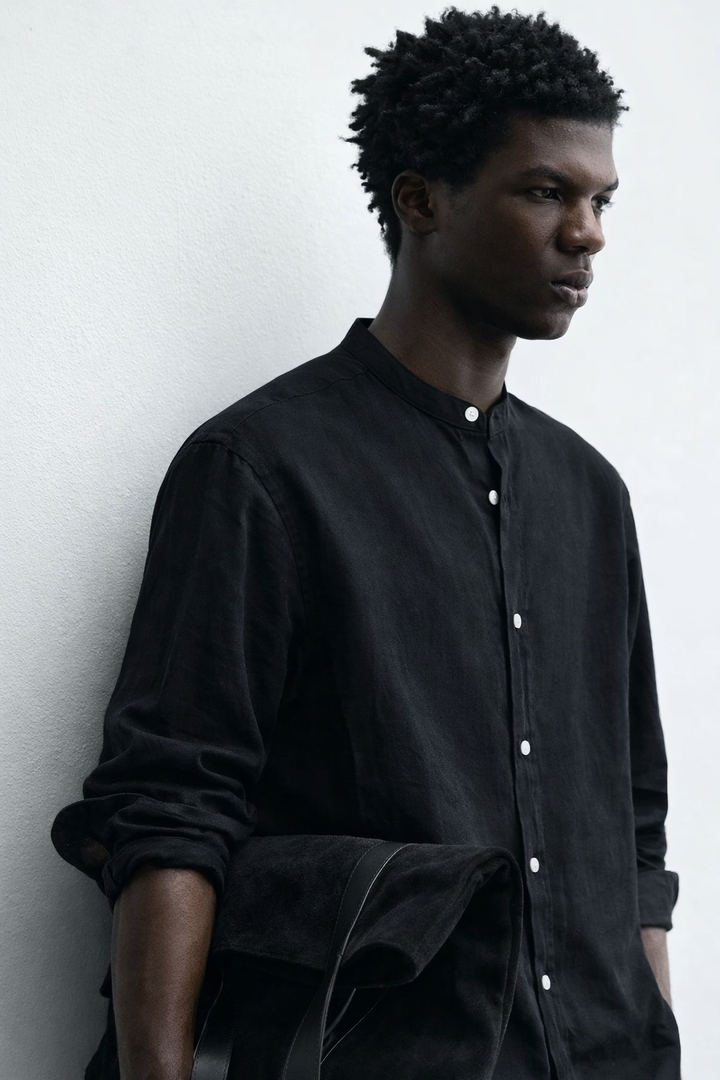 Garm Island Linen Tab Collar Button Down Shirt in Black