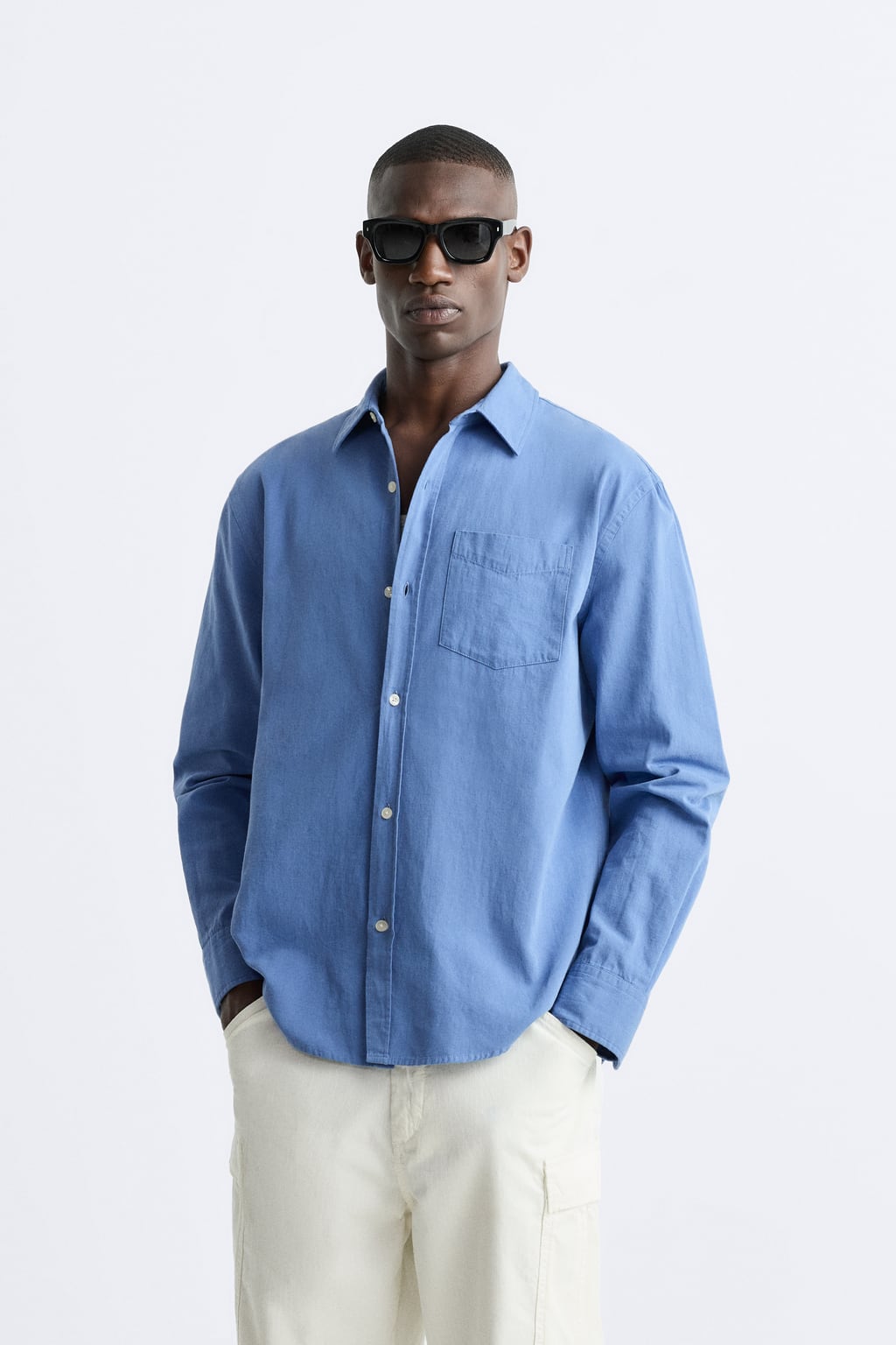 ZARA COTTON-LINEN OVERSHIRT IN SKY BLUE