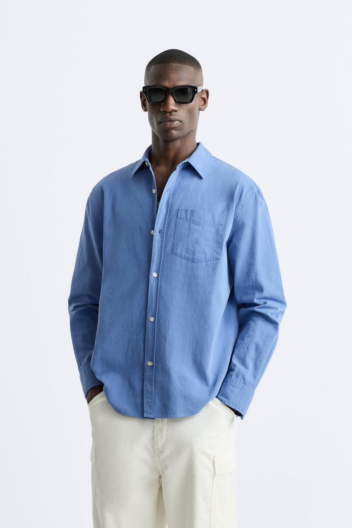 ZARA COTTON-LINEN OVERSHIRT IN SKY BLUE