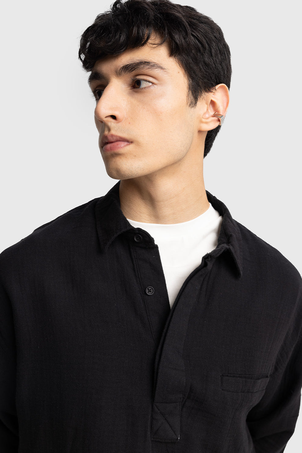 Giesto spring long sleeve linen polo shirt in black