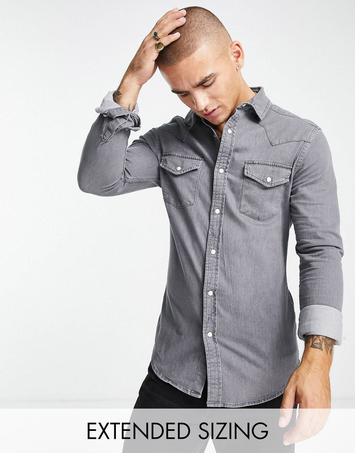 Asos design skinny fit western denim shirt in washed black