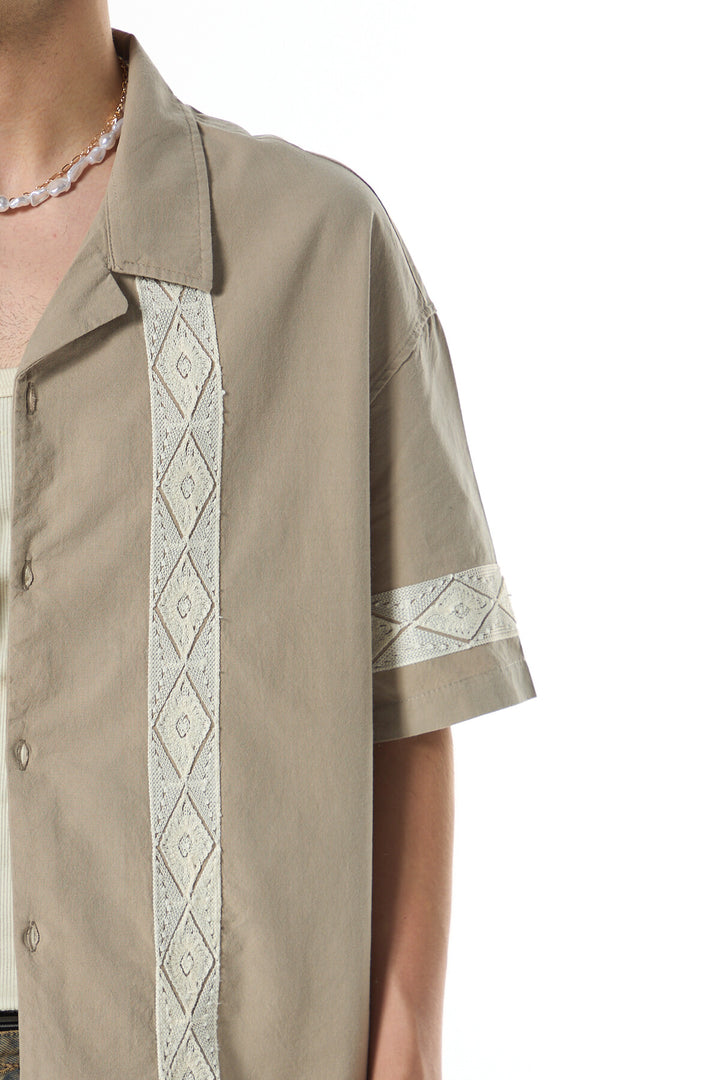 Vamos Embroidered Detailed Oversized Linen Shirt in Mink