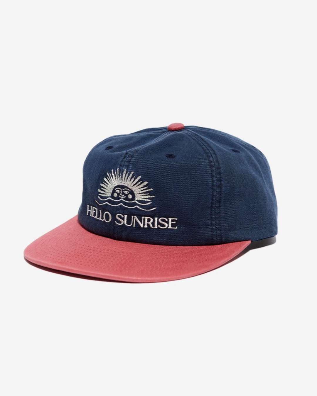 Hello Sun Embroidered Flat Brim Cap in Red