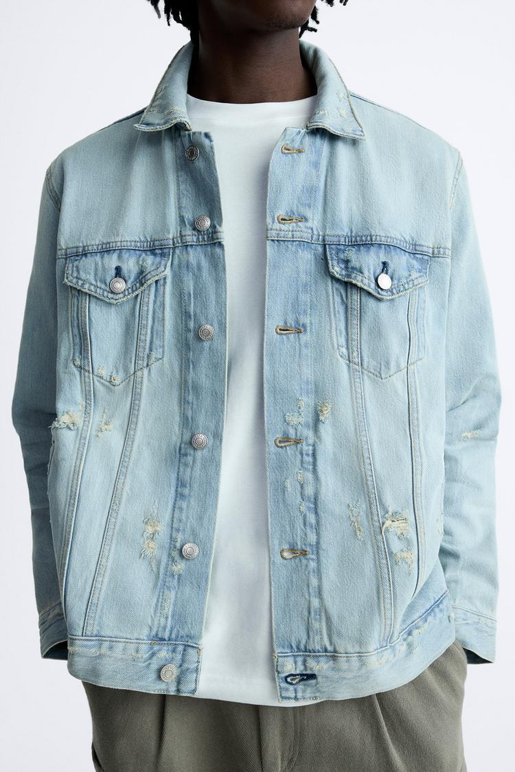 ZARA RIPPED DENIM JACKET IN LIGHT BLUE