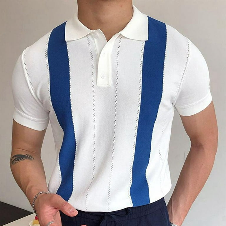 Knitted bar striped polo shirt in blue and white