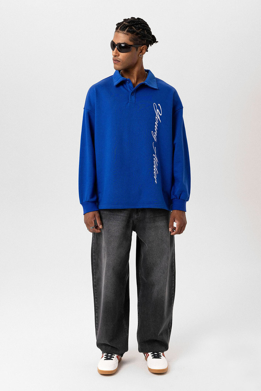 VAMOS POLO COLLAR LETTER DETAILED OVERSIZE SWEATSHIRT BLUE