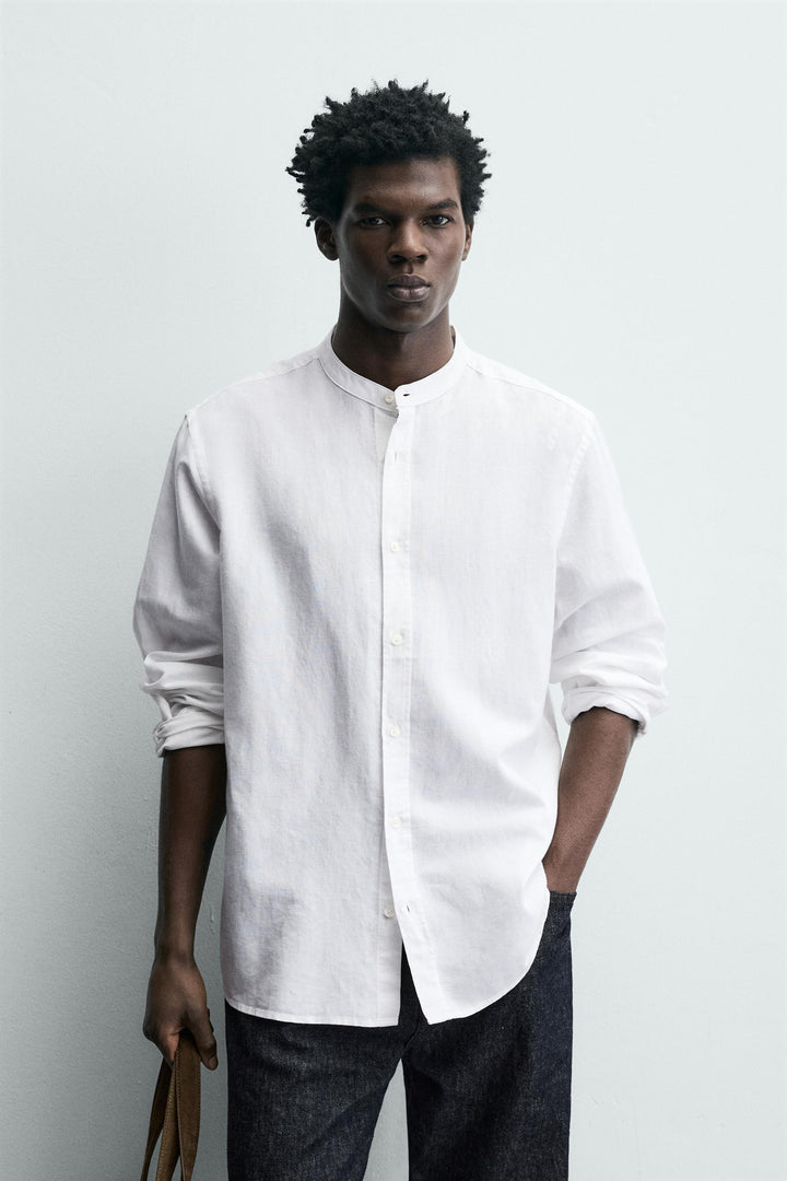 Garm Island Linen Tab Collar Button Down Shirt in White