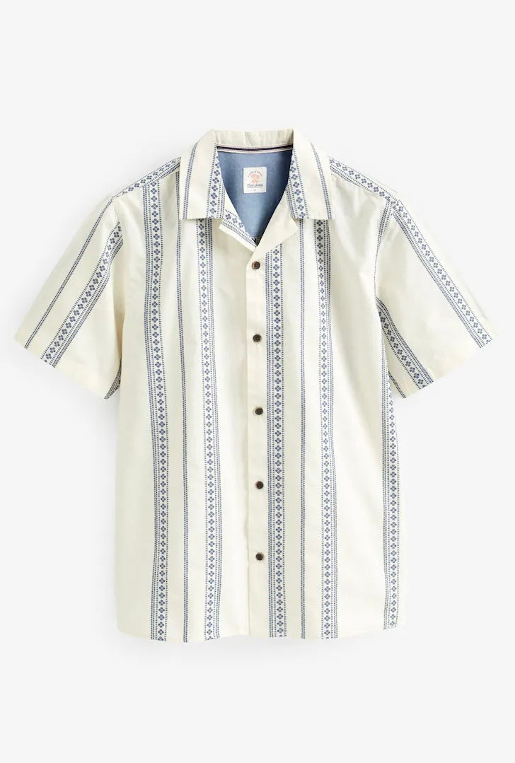 Next Ecru/Blue Textured Short Sleeve Stripe Shirt With Cuban Collar