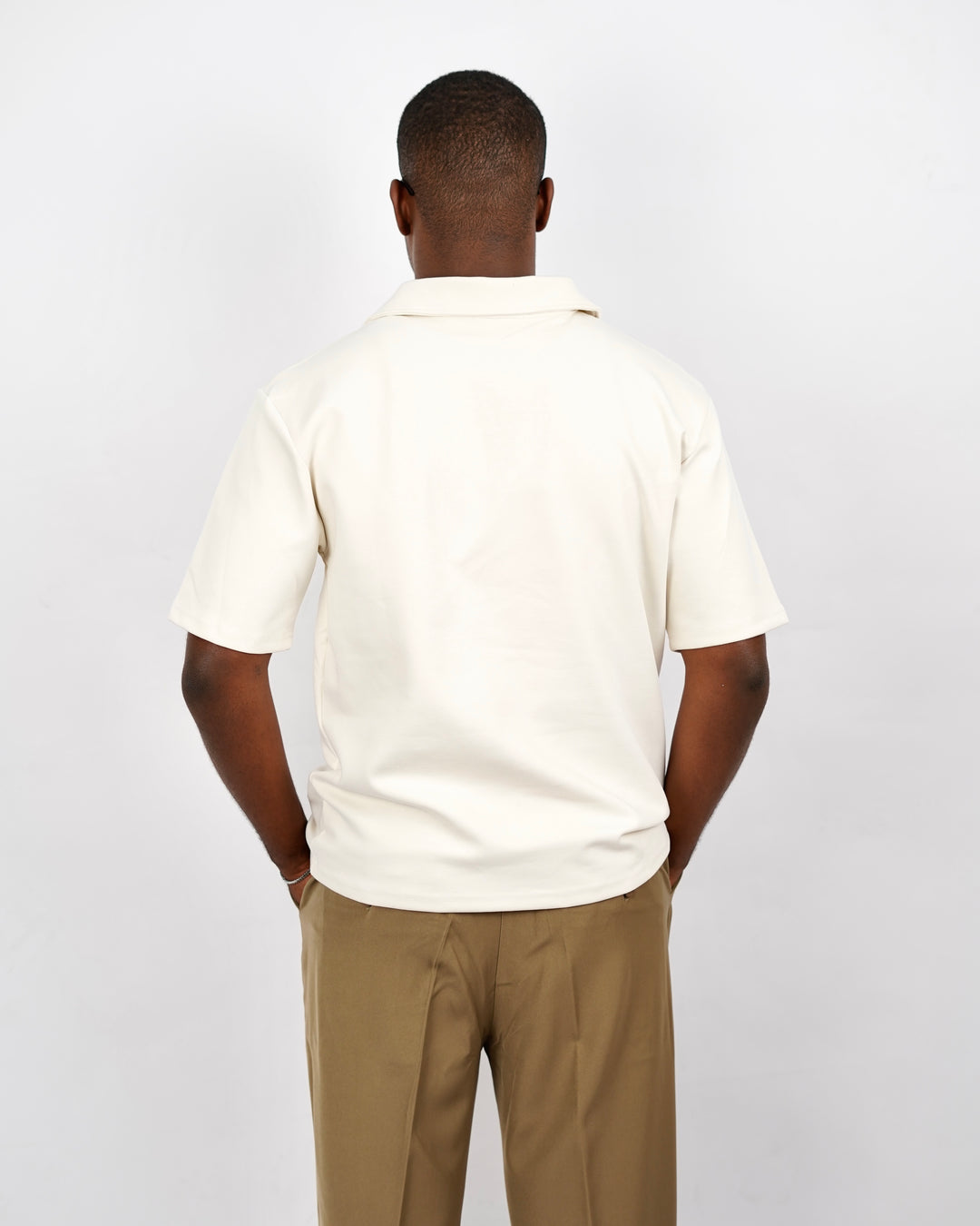 M Studio V neck Polo Shirt in Off White