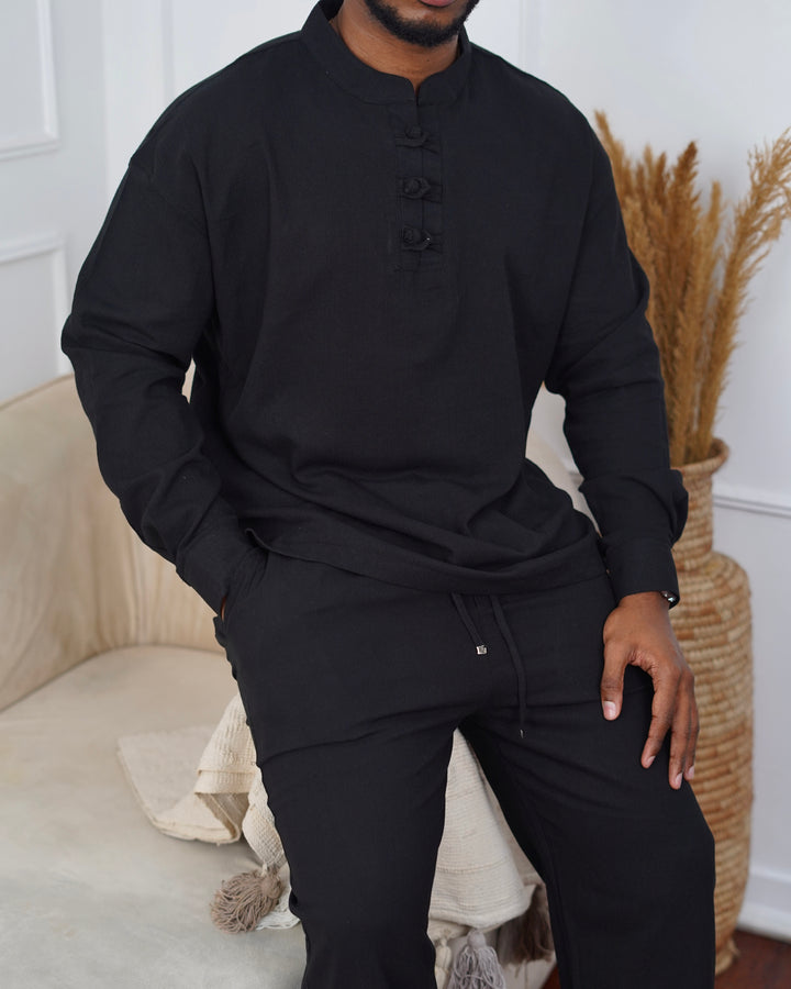 SNEEZY DETAIL LINEN SET IN BLACK
