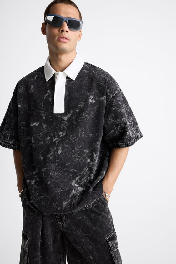 ZARA ACID WASH DENIM POLO SHIRT