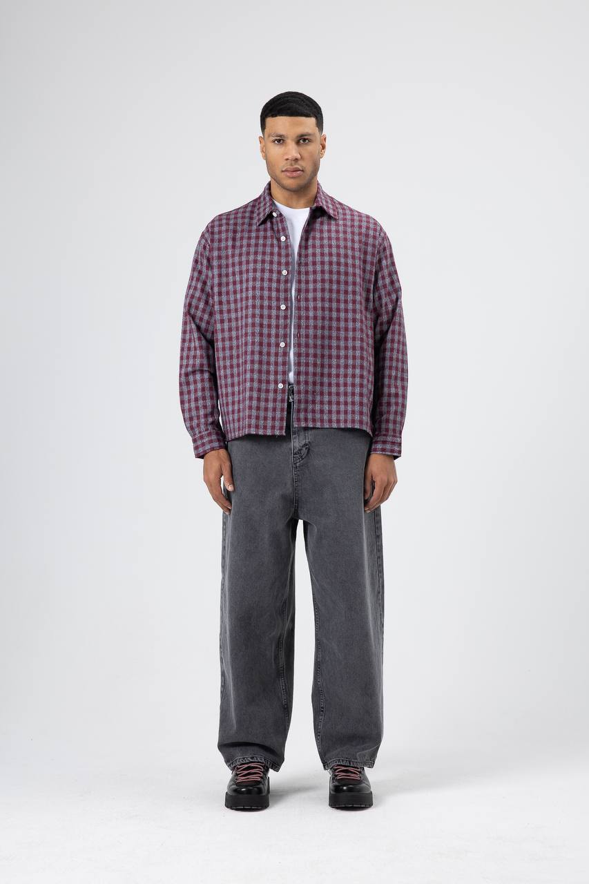 Essence of Life Check Embroidery Cropped Detail Overshirt in Burgundy