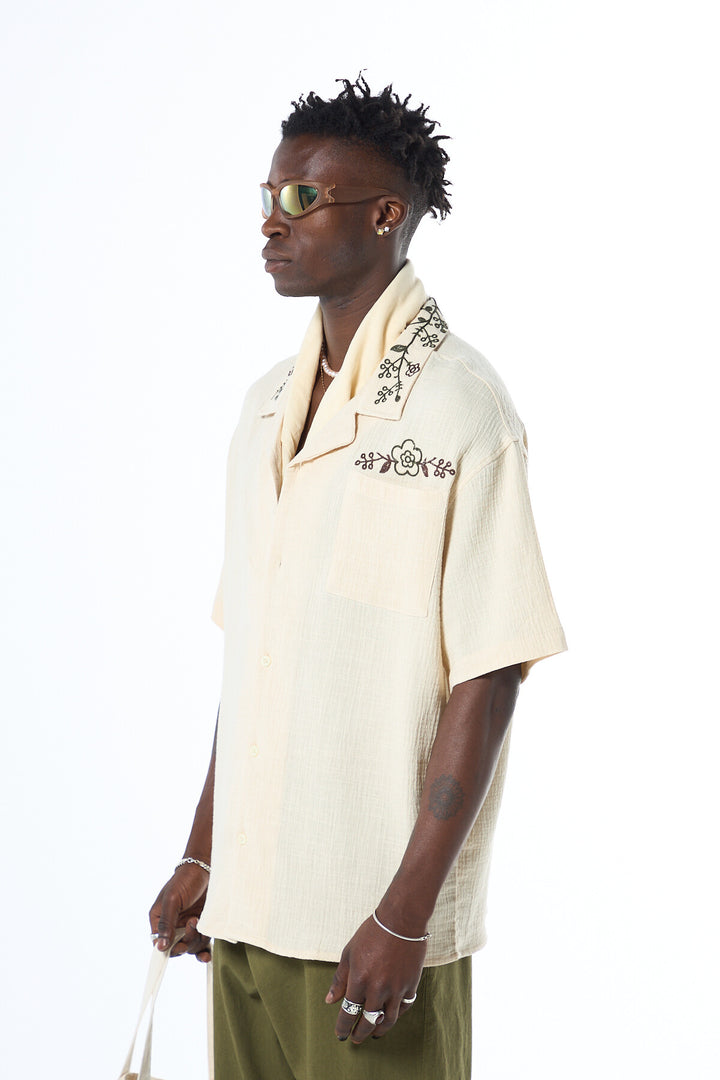 VAMOS EMBROIDERY DETAILED OVERSIZE MUSLIN LINEN SHIRT BEIGE