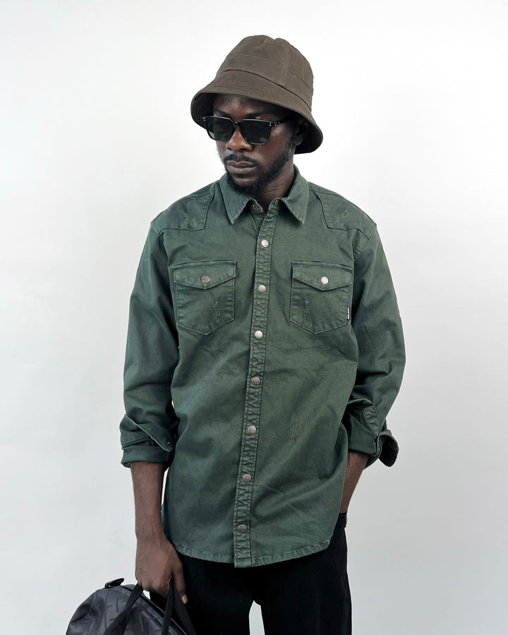 Blend western distressed shirt in Forrest green