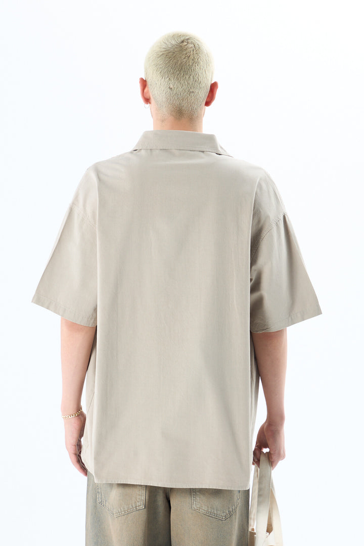 VAMOS EMBROIDERY DETAILED POCKETLESS SHORT SLEEVE OVERSIZE LINEN SHIRT KHAKI