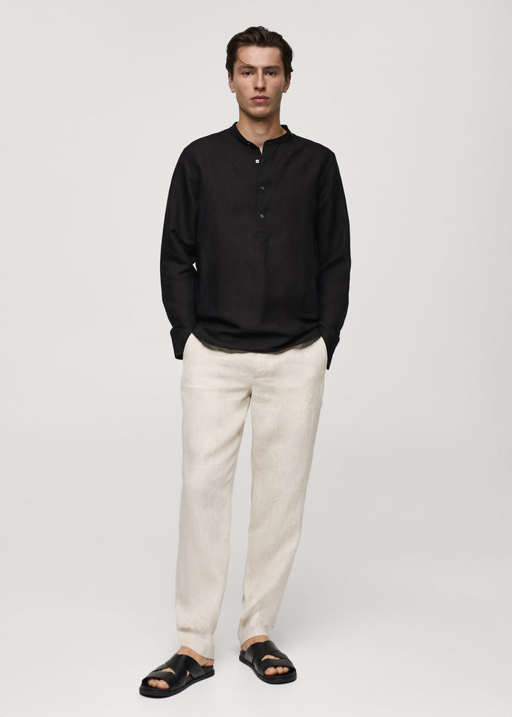 Retro Club Linen Tab Collar Long Sleeve T-shirt in Black