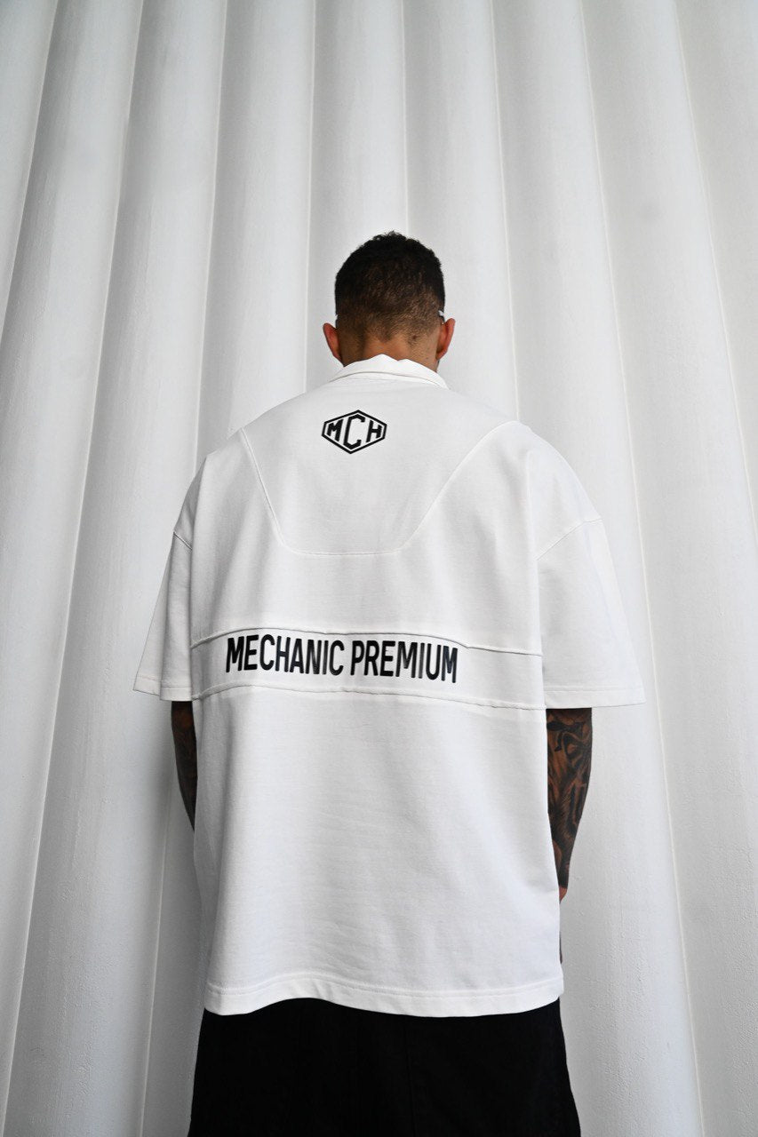 Mechanic Oversized Boxy Zip Short Sleeve Shirt in White
