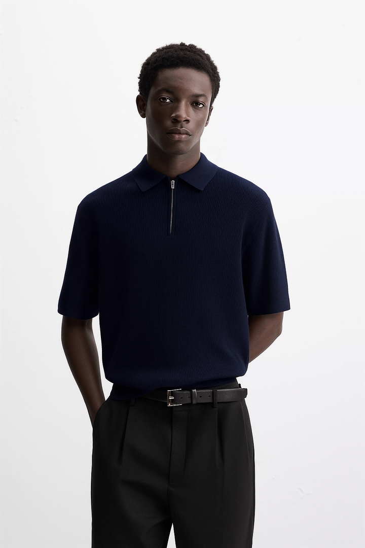 Garm Island Half Zip Textured Knit Polo in Navy Blue