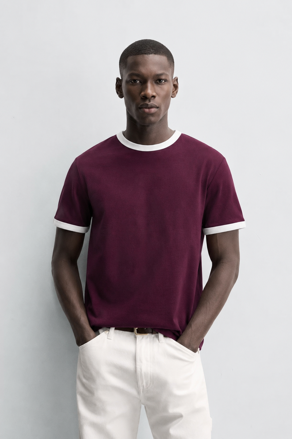 Vamos Contrast Collar Oversized T-shirt in Burgundy