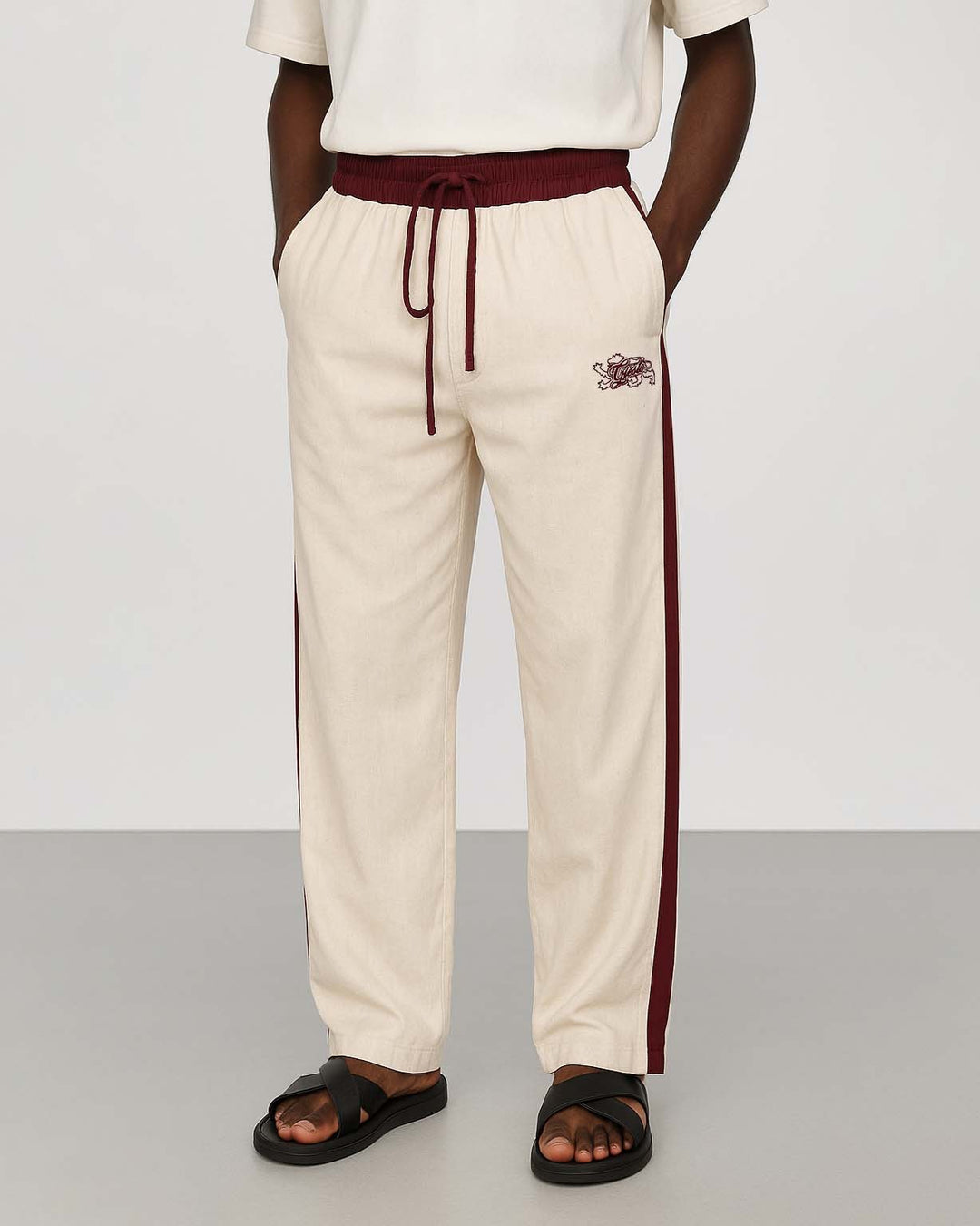 Giesto Embroidered Double Toned Linen Pants in Burgundy