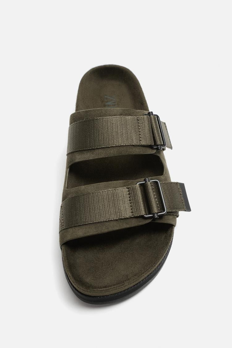 ZARA DOUBLE STRAP LEATHER SANDALS IN GREEN