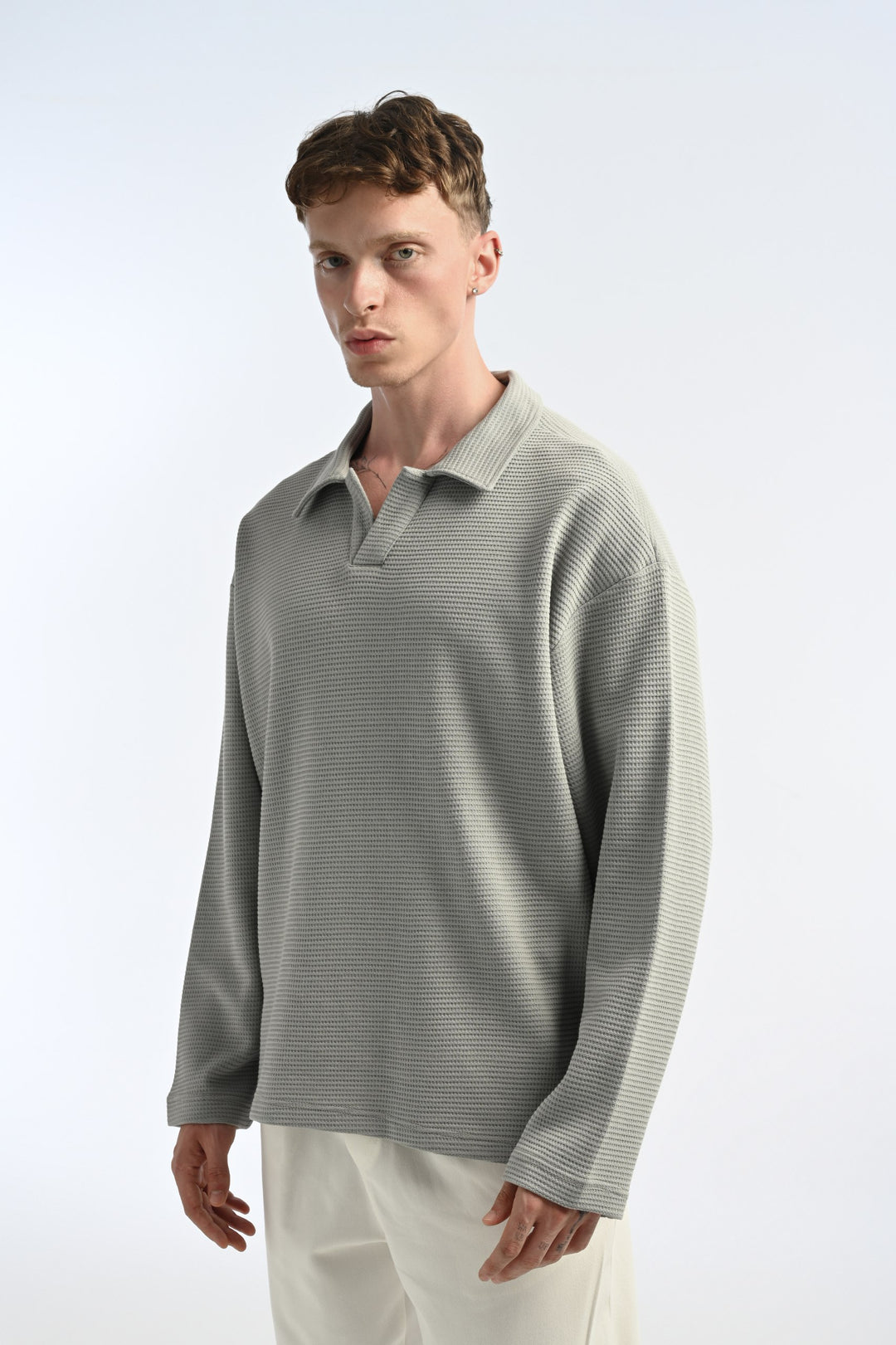 25-12 Waffle Polo Longsleeve in Grey