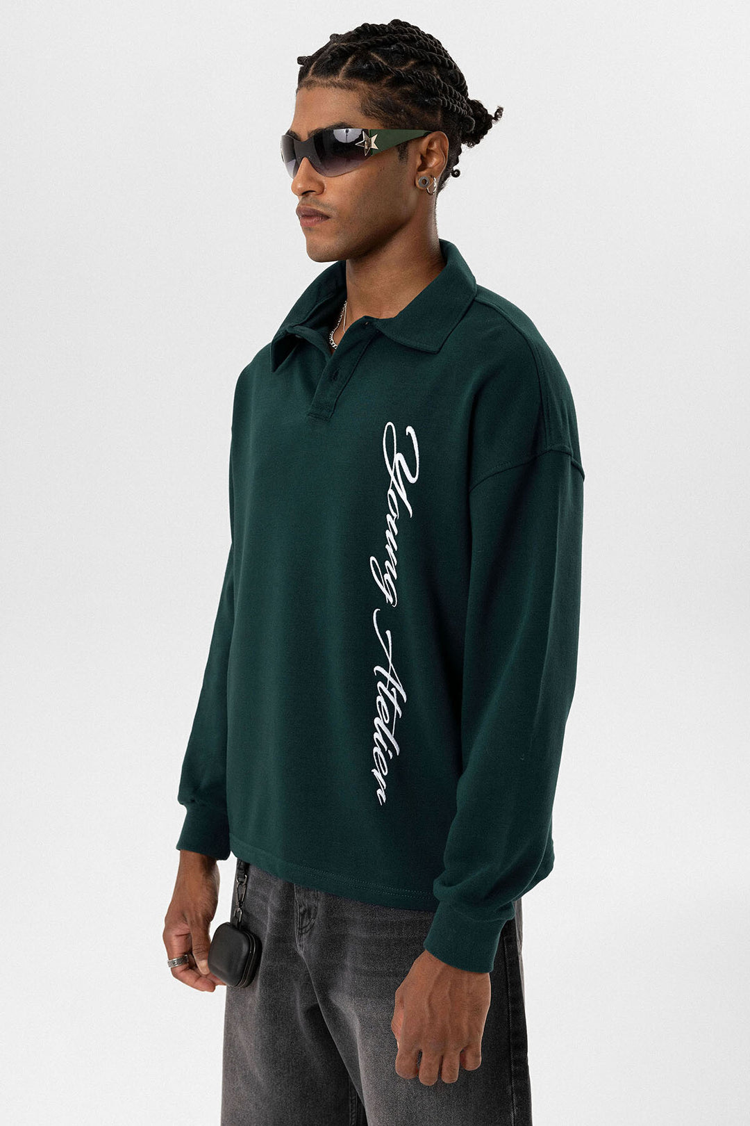 VAMOS POLO COLLAR LETTER DETAILED OVERSIZE SWEATSHIRT GREEN