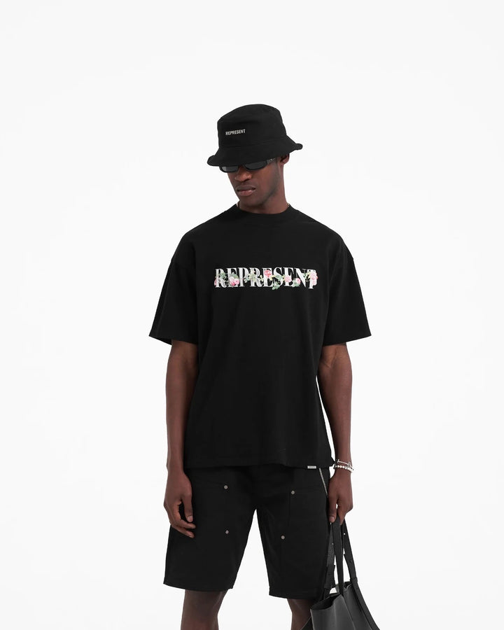 REPRESENT FLORAL INITIAL T-SHIRT IN BLACK