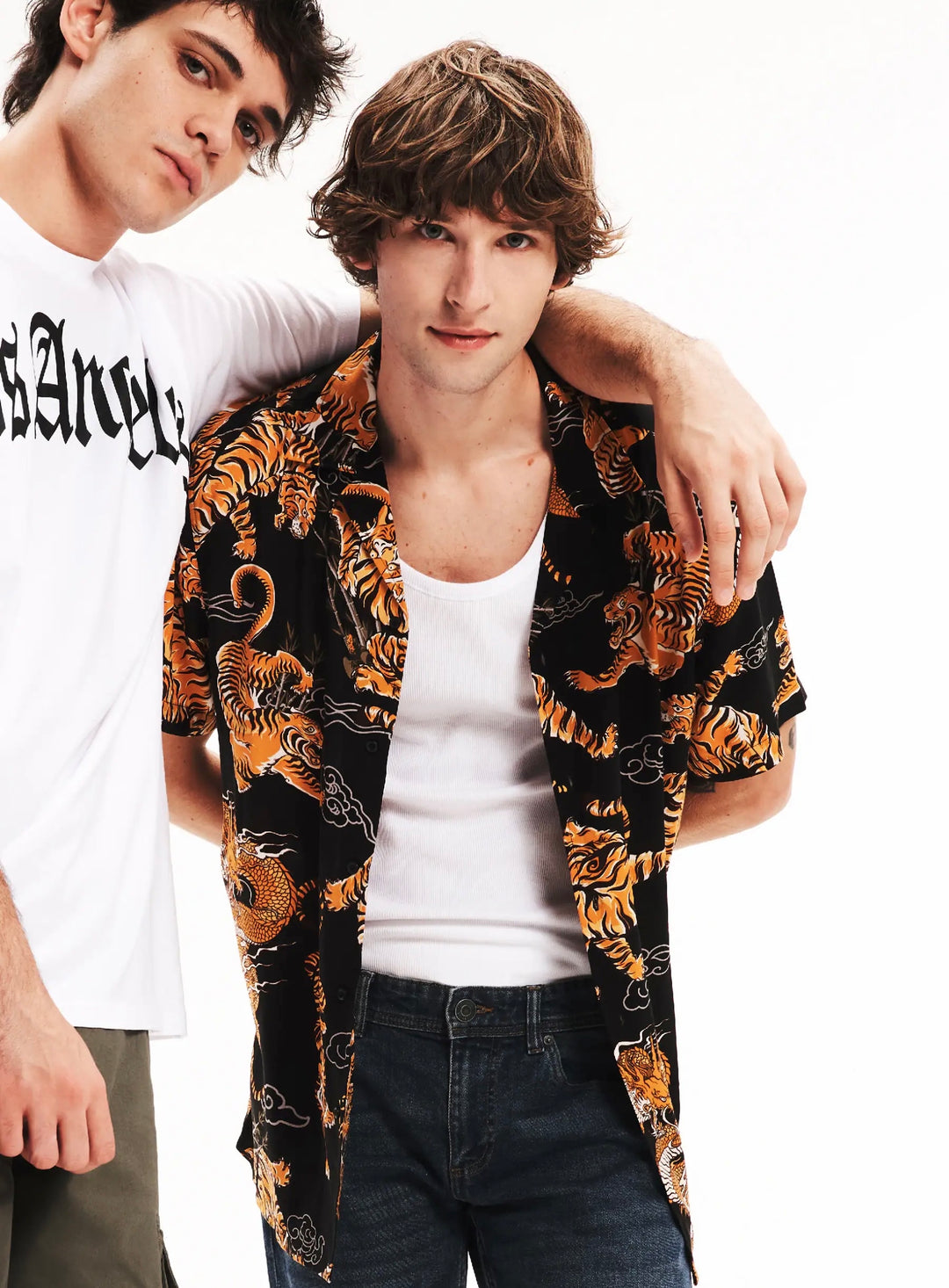 Terranova Tiger & Dragon print shirt in black