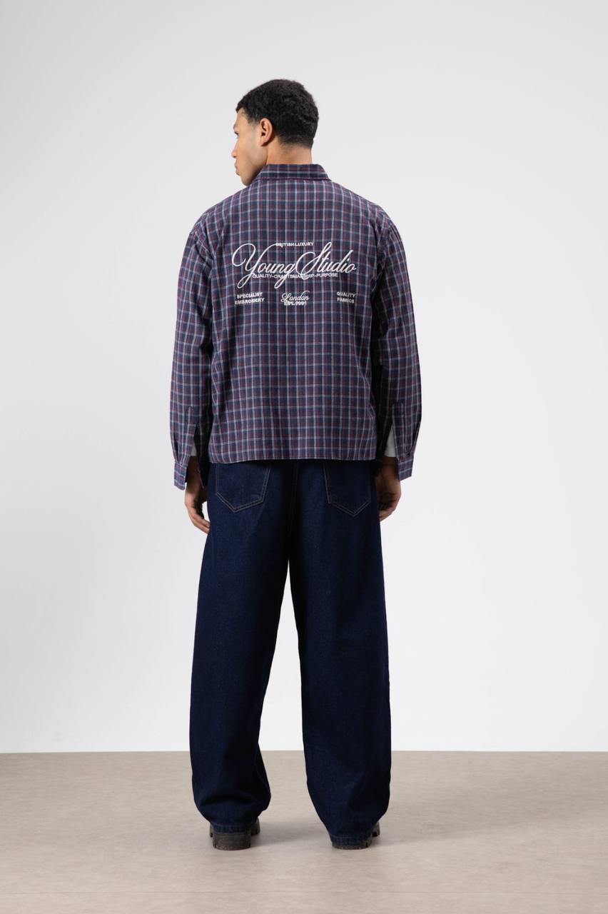 Vamos Check Embroidery Detail Overshirt in Navy Blue