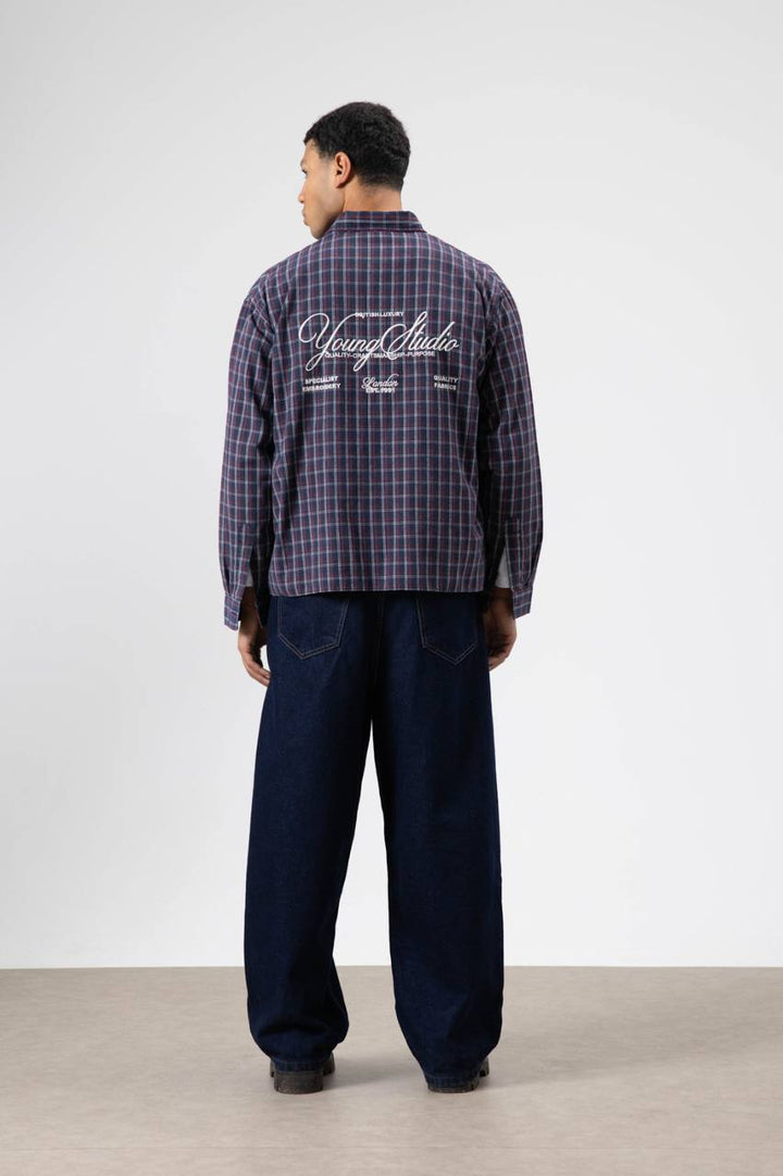Vamos Check Embroidery Detail Overshirt in Navy Blue