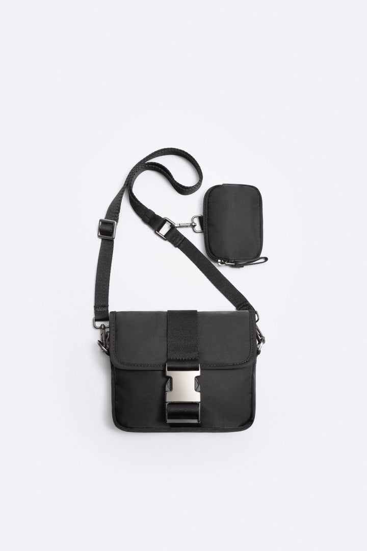 ZARA MINI NYLON CROSSBODY BAG WITH PURSE IN BLACK