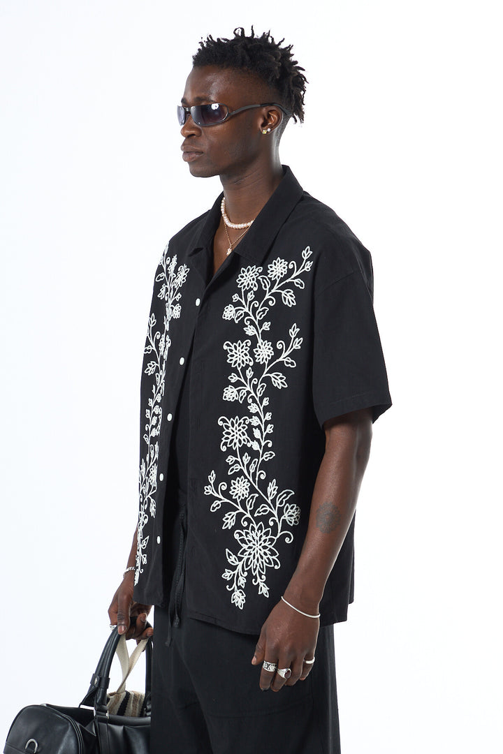 VAMOS FLORAL EMBROIDERED OVERSIZE SHORT SLEEVE LINEN SHIRT BLACK