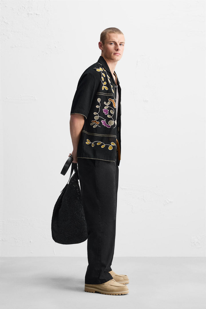 GARM ISLAND DOUBLE THREADED MULTI COLOUR FLORAL LINEN SHIRT BLACK