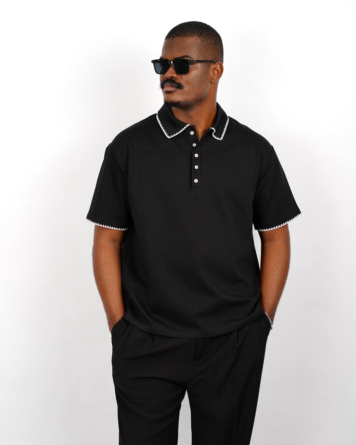 M Studios Polo Shirt with Contrast Stitching in Black