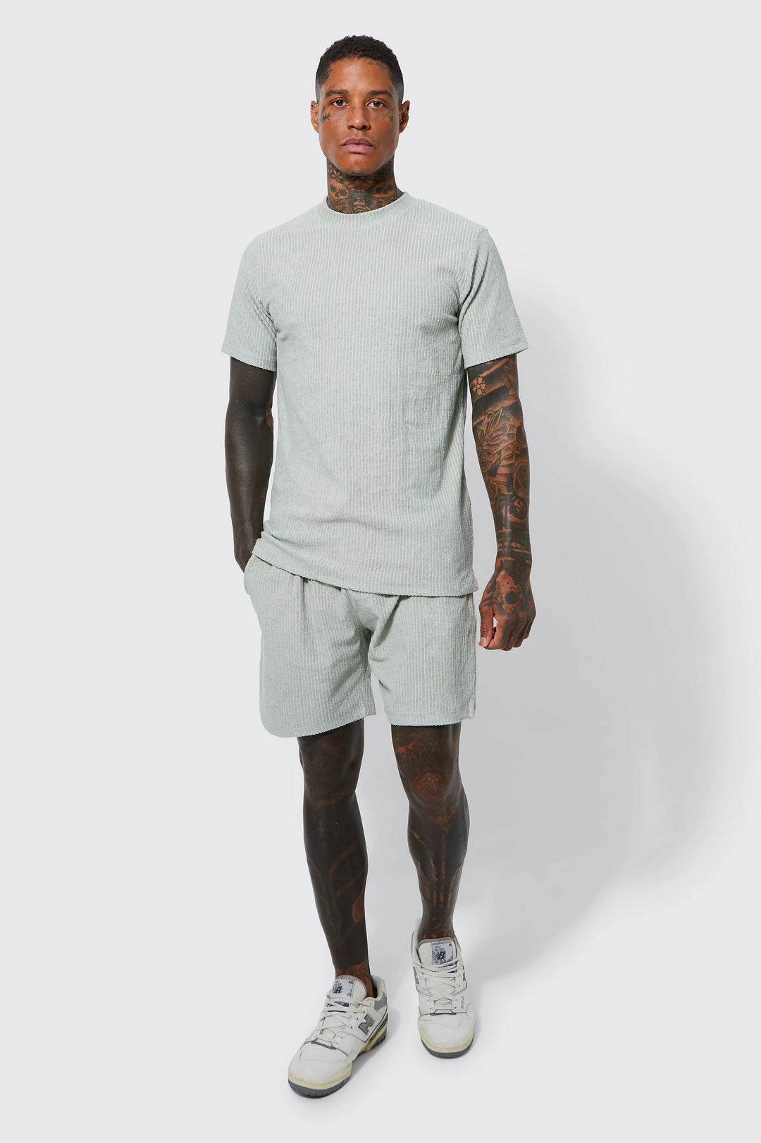 BOOHOOMAN LOOSE FIT RIBBED TOWELLING SHORTS