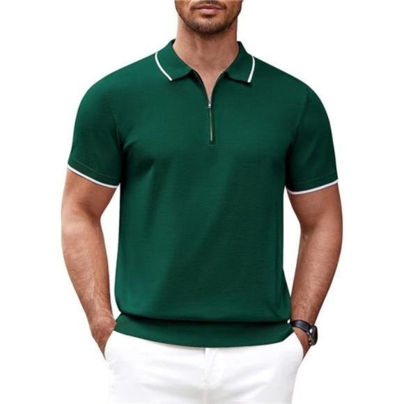 Knitted zip green polo shirt with white tipping