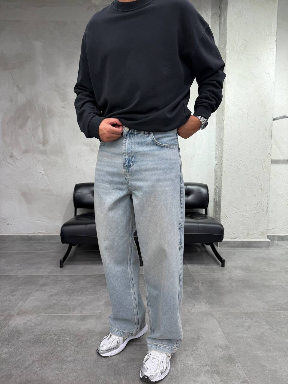 Difransel baggy jeans in stone wash blue