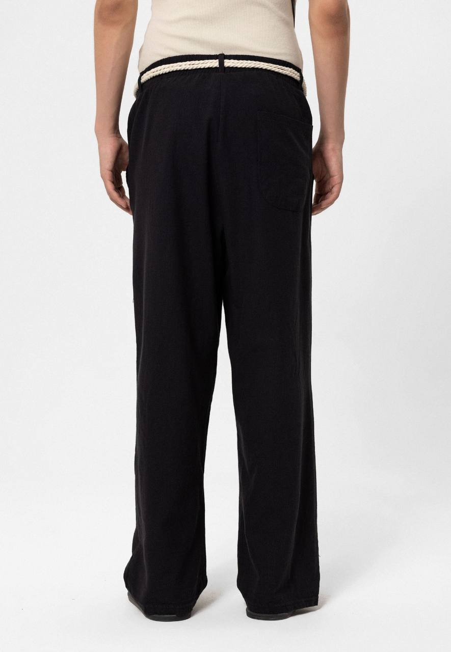 SPRUCE BELT DETAILED OVERSIZE LINEN TROUSERS BLACK