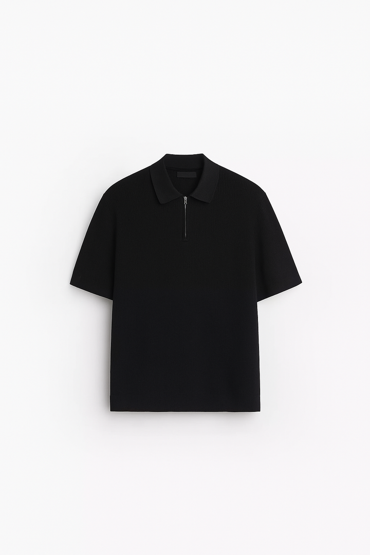 Garm Island Half Zip Textured Knit Polo in Black