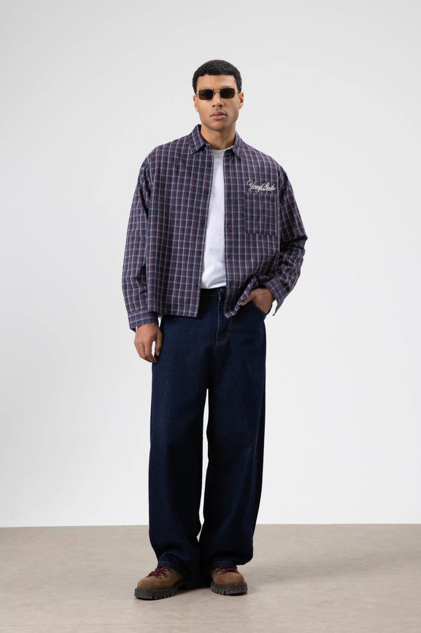 Vamos Check Embroidery Detail Overshirt in Navy Blue