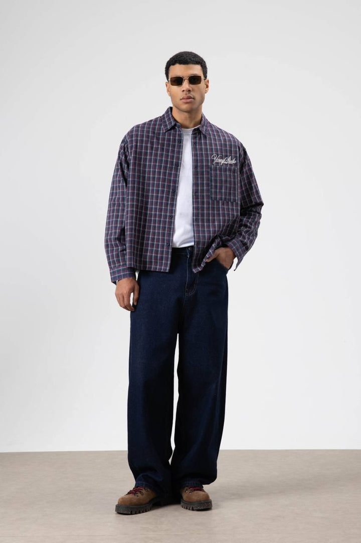 Vamos Check Embroidery Detail Overshirt in Navy Blue