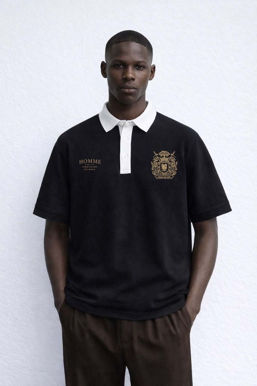 Garm Island Homme Embroidered Rugby Polo T-shirt in Black