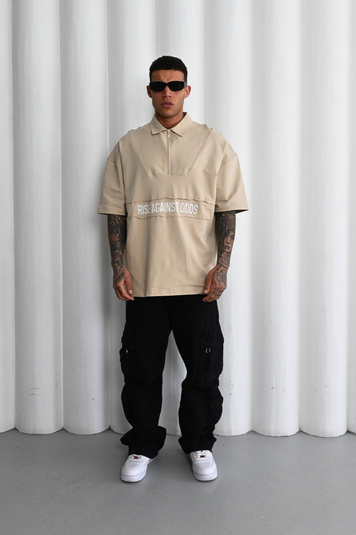 Mechanic Oversized Boxy Zip Short Sleeve Shirt in Beige