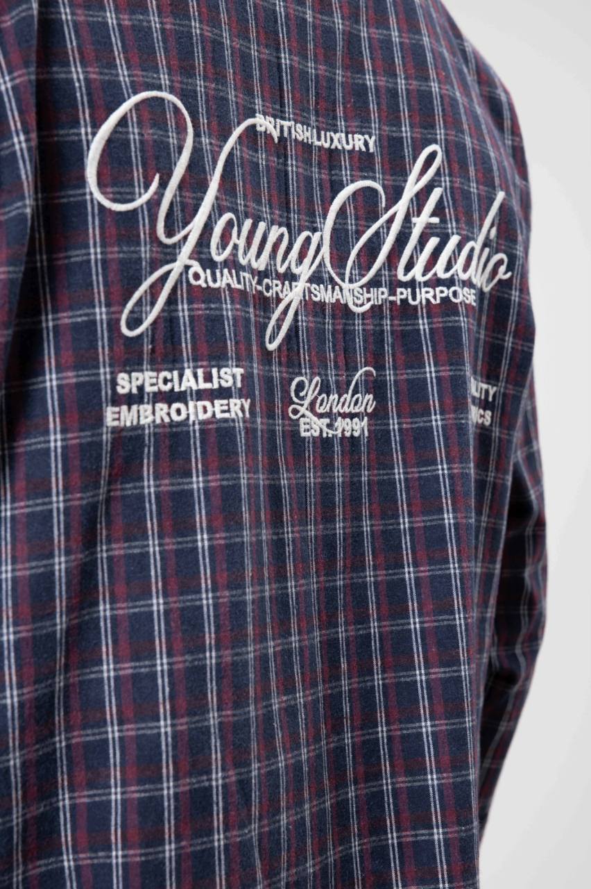 Vamos Check Embroidery Detail Overshirt in Navy Blue