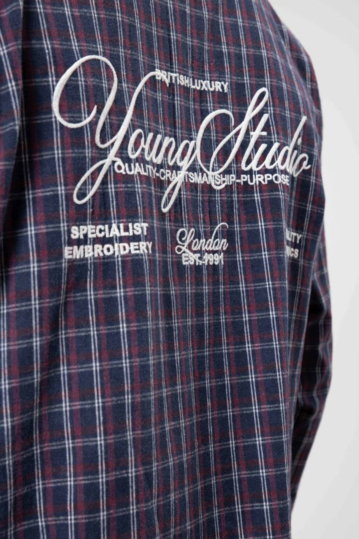 Vamos Check Embroidery Detail Overshirt in Navy Blue