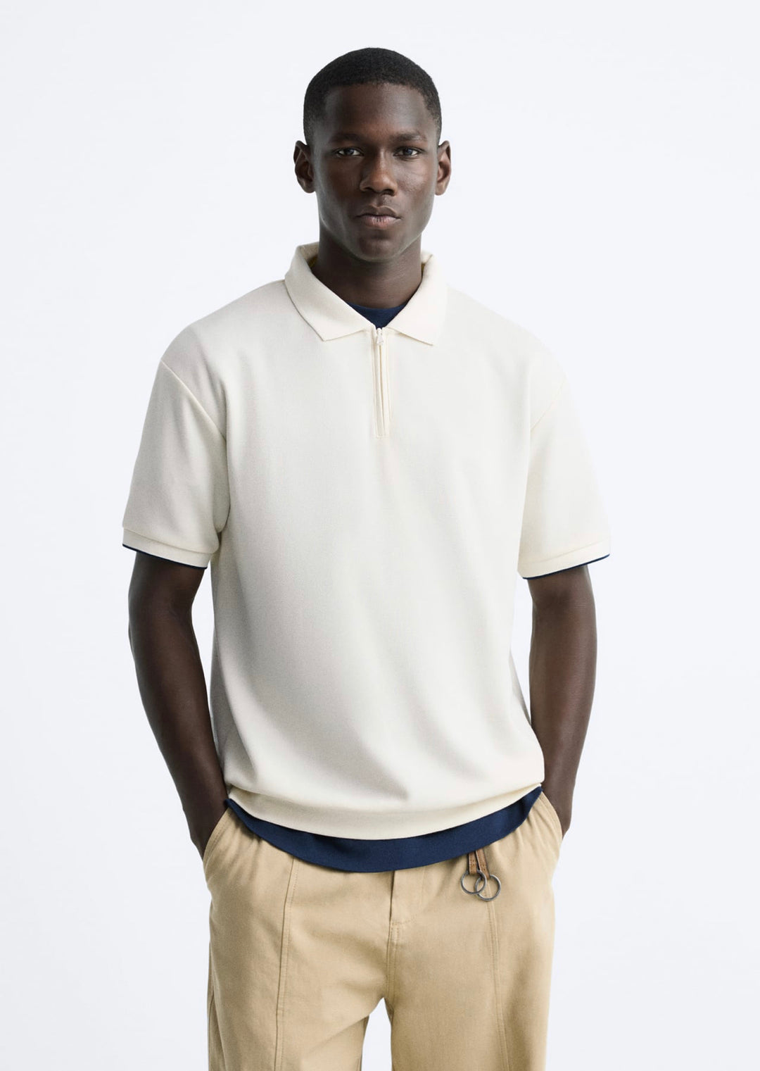 ZARA KNIT POLO WITH ZIP IN WHITE